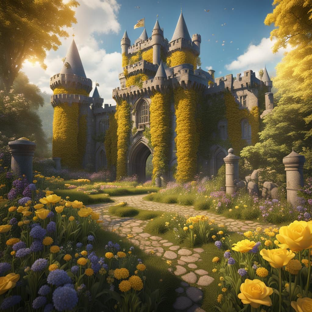 Irish castle flower garden with yellow flowers