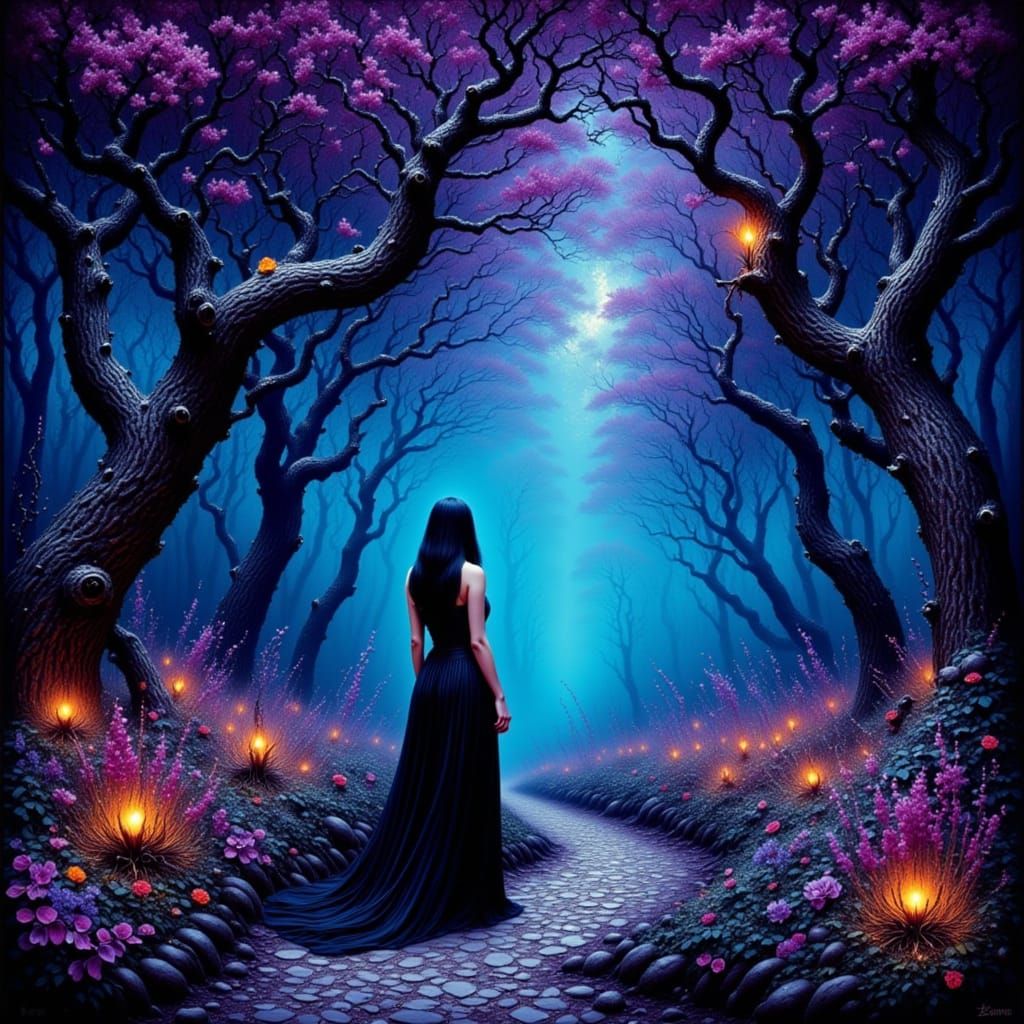 Gothic Woman in Enchanted Forest at Twilight, Neo-Impression...