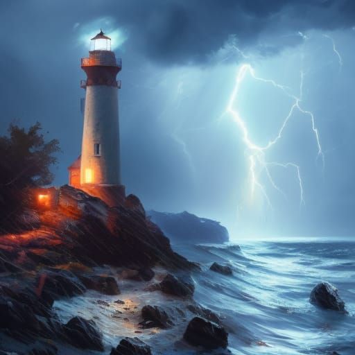 Hyper realistic. Lighthouse on a rock in a stormy sea. Night...