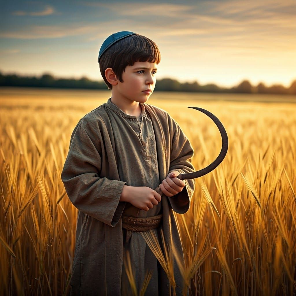 Young Hasidic Boy Harvests Wheat in Golden Field