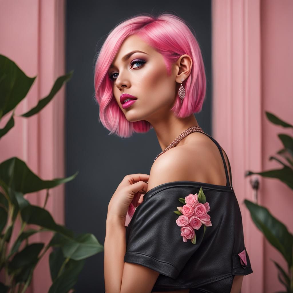 Hyperrealistic Portrait: Beautiful Girl with Pink Hair