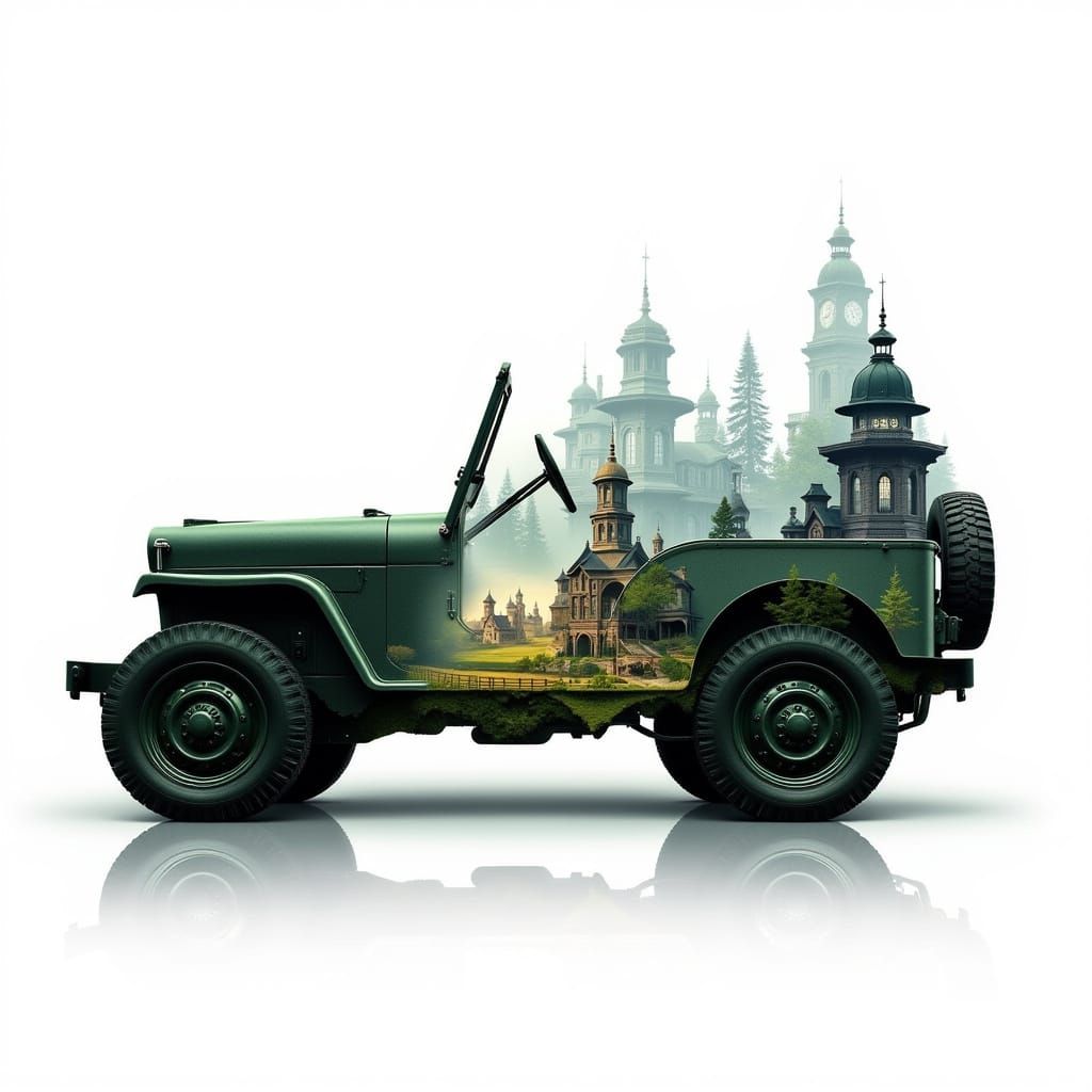 <lora:inlaid:1.0> The outline of a jeep consists of a panorama of a victorian town. Outside the outline there is a white blur, Double Exposu...