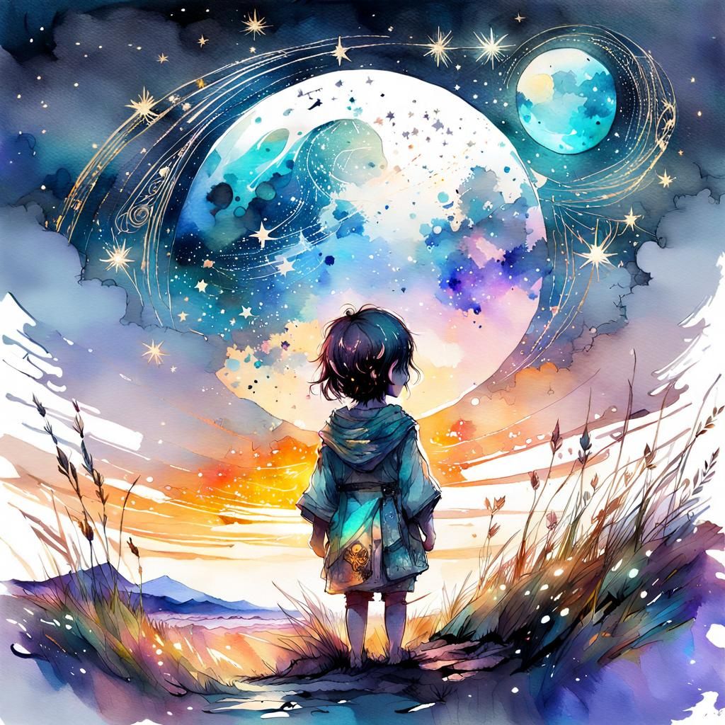 Cute Chibi Baby Gazing at Stars in Watercolor