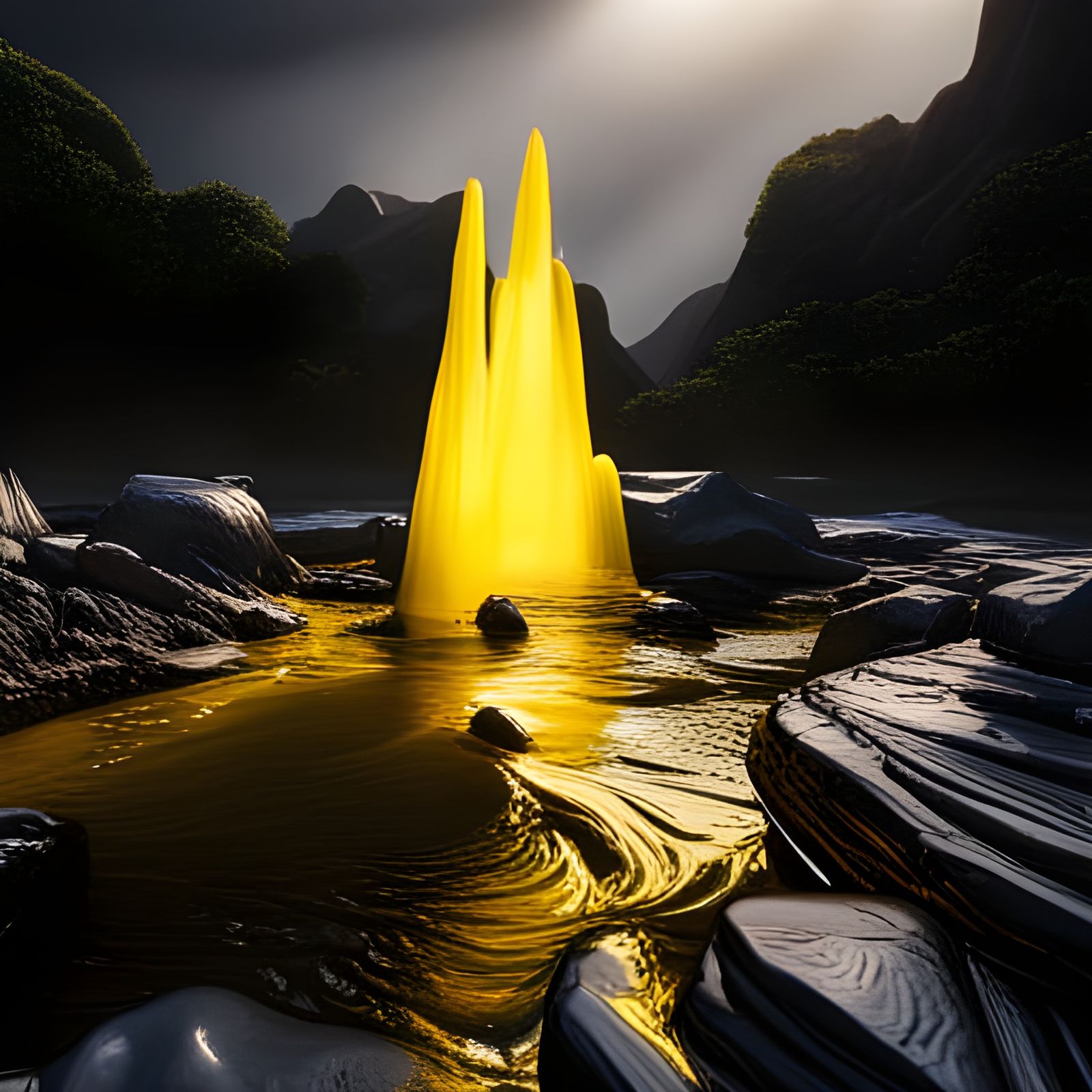 a black canvas with yellow liquid all over, hyperrealistic, ...