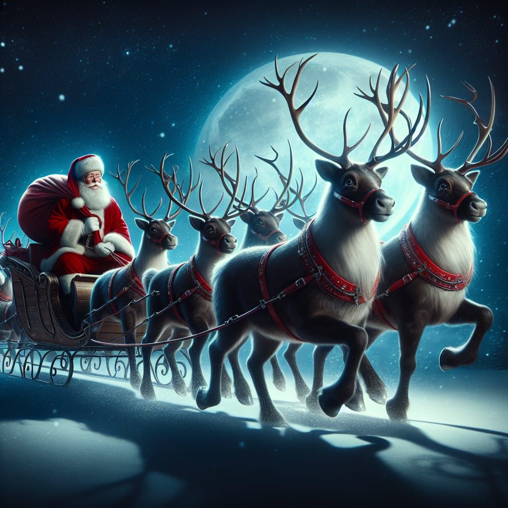Jolly Santa Claus Pulls Sleighbell-Packed Sleigh in Winter W...