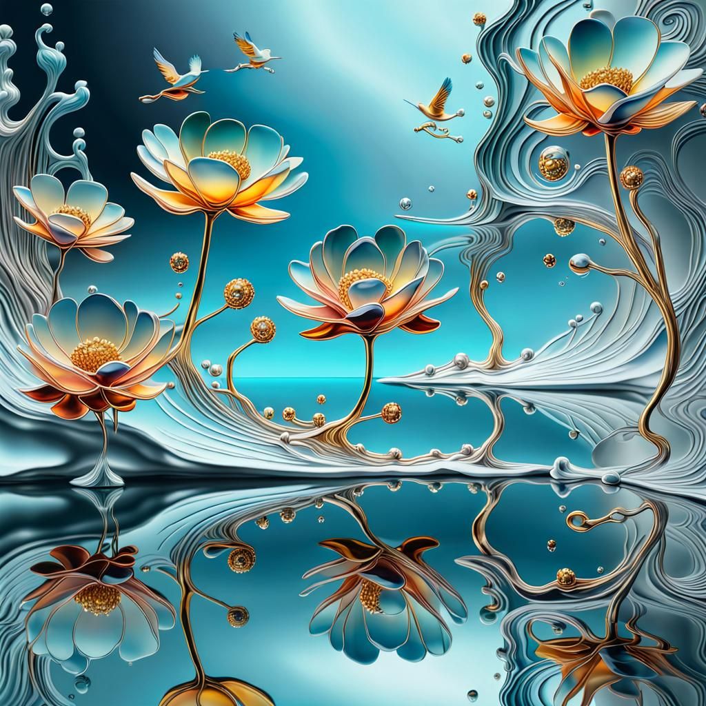 Crystal flowers blossom on a silver liquid waving lake, reflecting colors, glassy birds posing surrealism ...  by @Marv