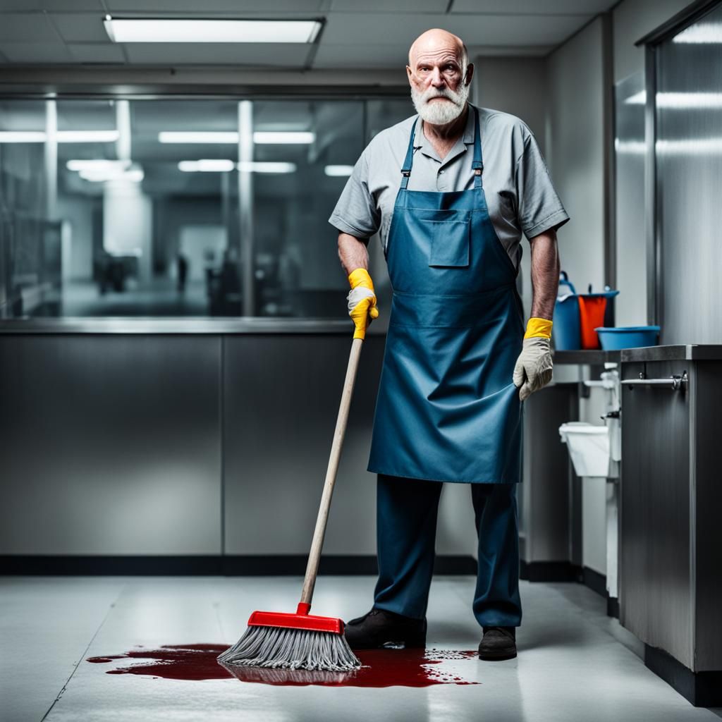 A Bald Old Janitor With Grey Beard Holding A Wooden Bloody Mop Ai