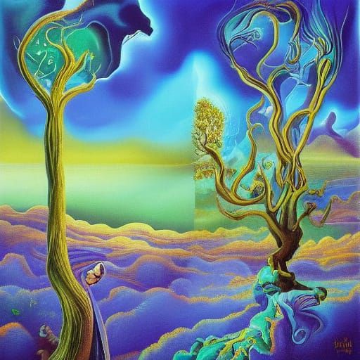 Vibrant Surreal Landscape in Triadic Oil Painting Style