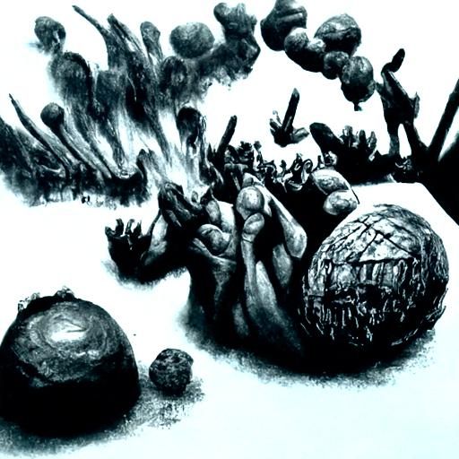 aan angry mob slashing at a giant meat ball that fell from t...