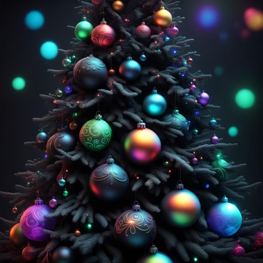 A beautiful all matte black Christmas tree with glow in the dark neon ...