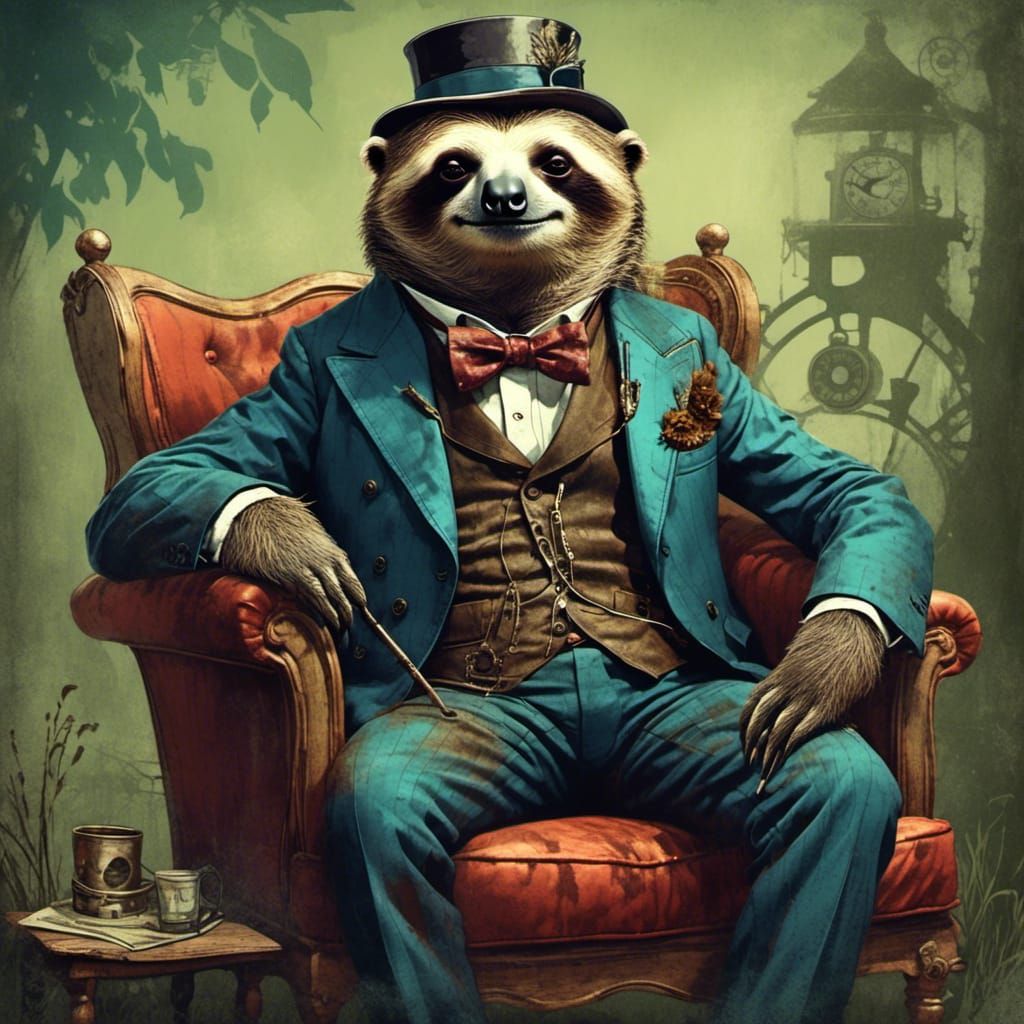 <lora:Pop Art Grunge:1.0> A steampunk sloth in a dapper suit sitting on a lawn chair