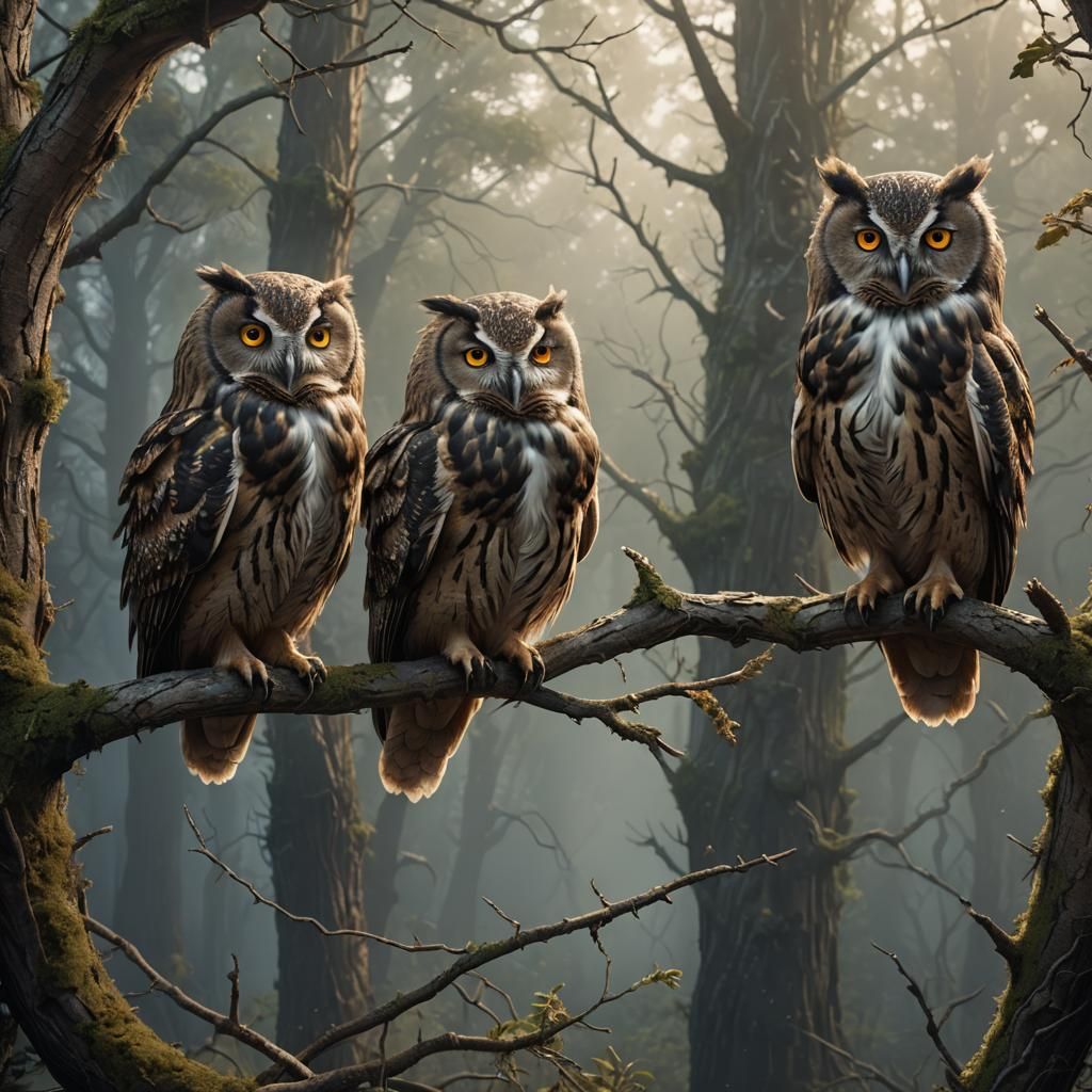 owls sitting on a branch. Epic cinematic brilliant stunning intricate ...