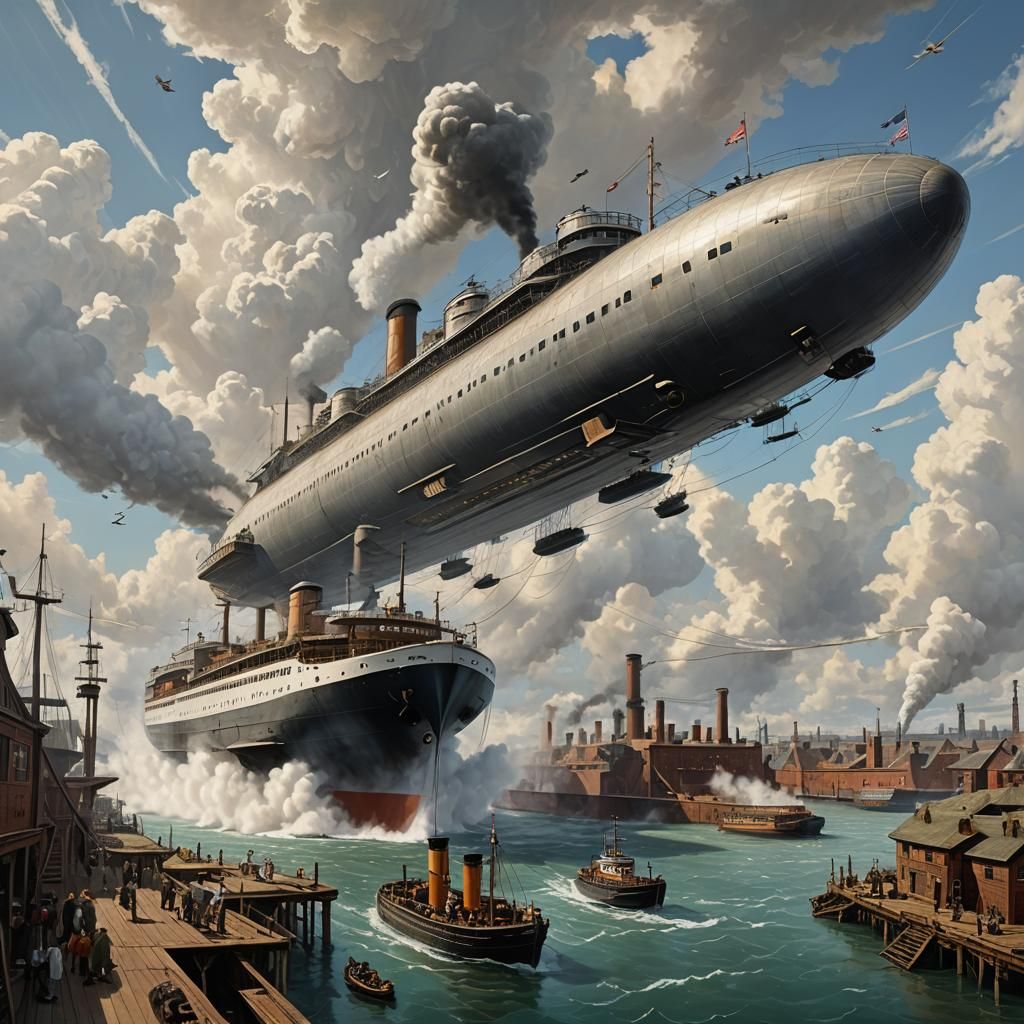 A colossal airborne soaring ferry, flying high in the sky, a...