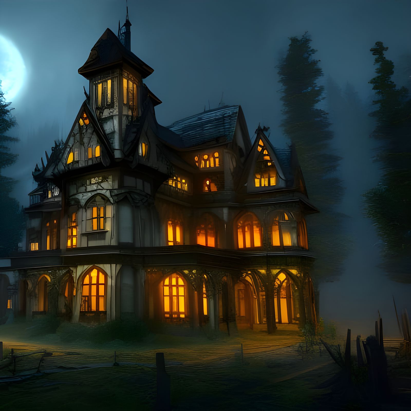 highly detailed Old Gothic house glowing from inside in a dark forest ...