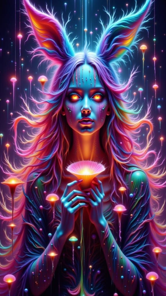 Psychedelic Surreal Woman Eating Glowing Mushrooms