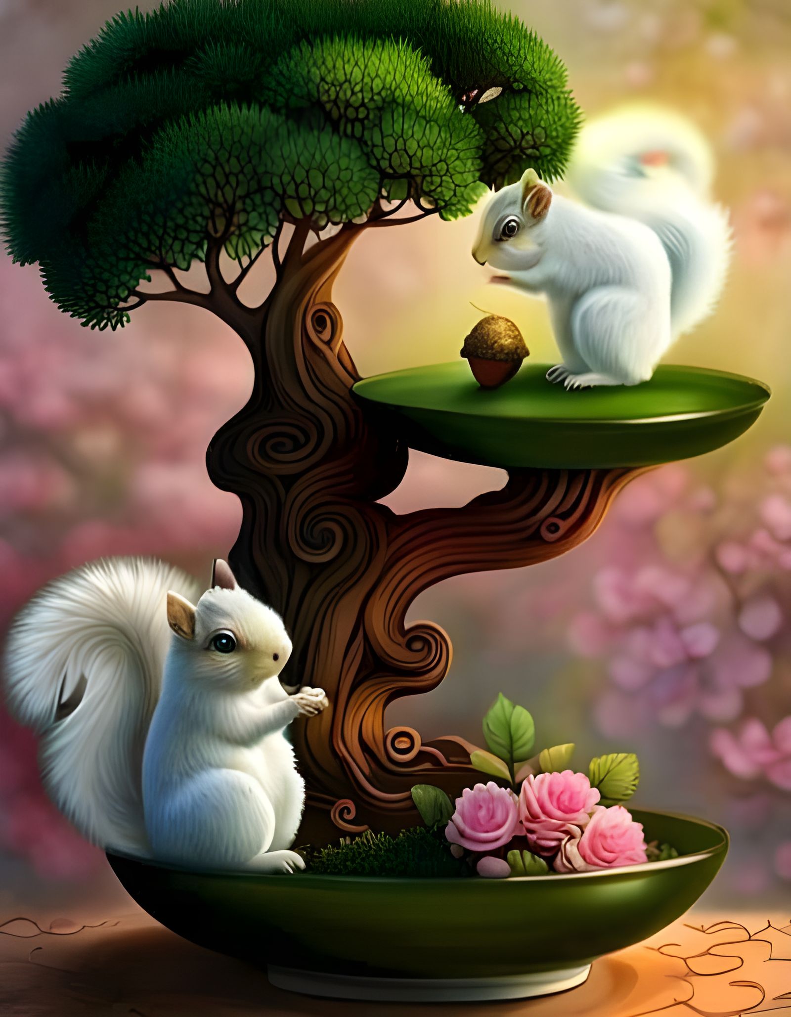 White squirrels on a bonsai tree, elegant, beautiful AI Generated Artwork NightCafe Creator