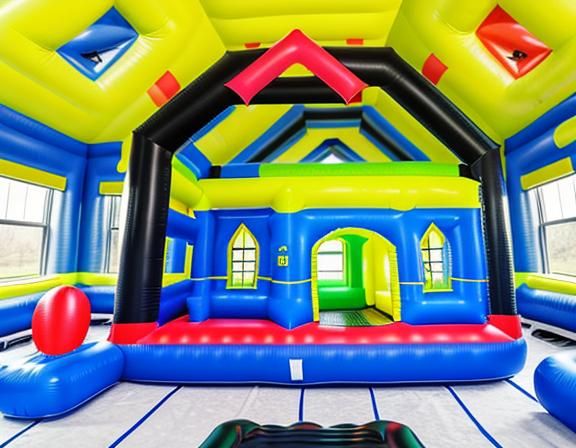 ugly cursed inflatable modern farmhouse living room with fireplace inside an inflatable birthday mcmansion-shaped bounce house, sad greige m...