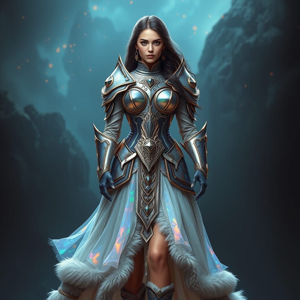 Hyperrealistic, beautiful woman, wearing intricate armor dress made of shiny colorful opal, extremely detailed , opal armor, wide skirt, ful...