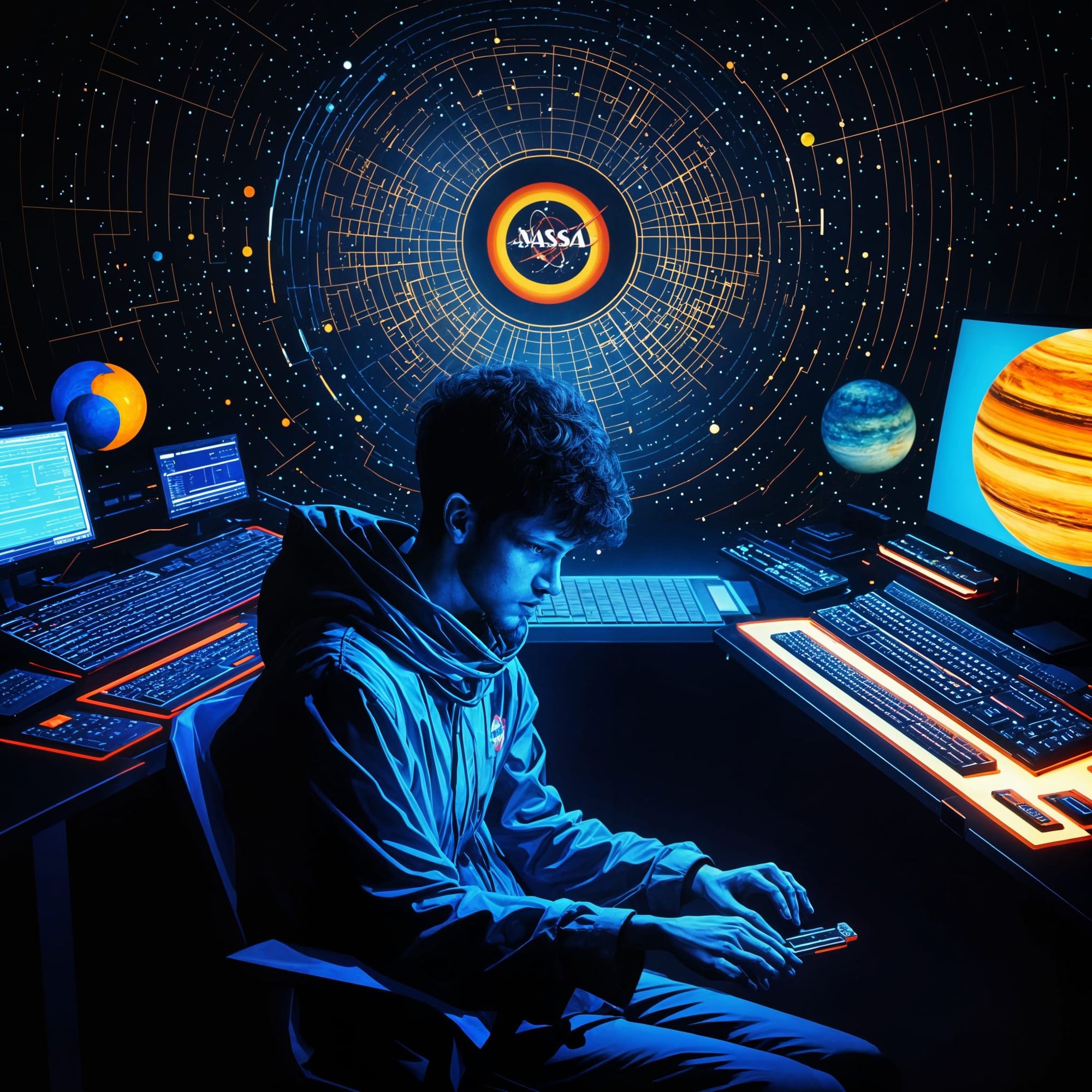 young Coder who is ready to learn. around the age of 25 with a NASA style  computer.