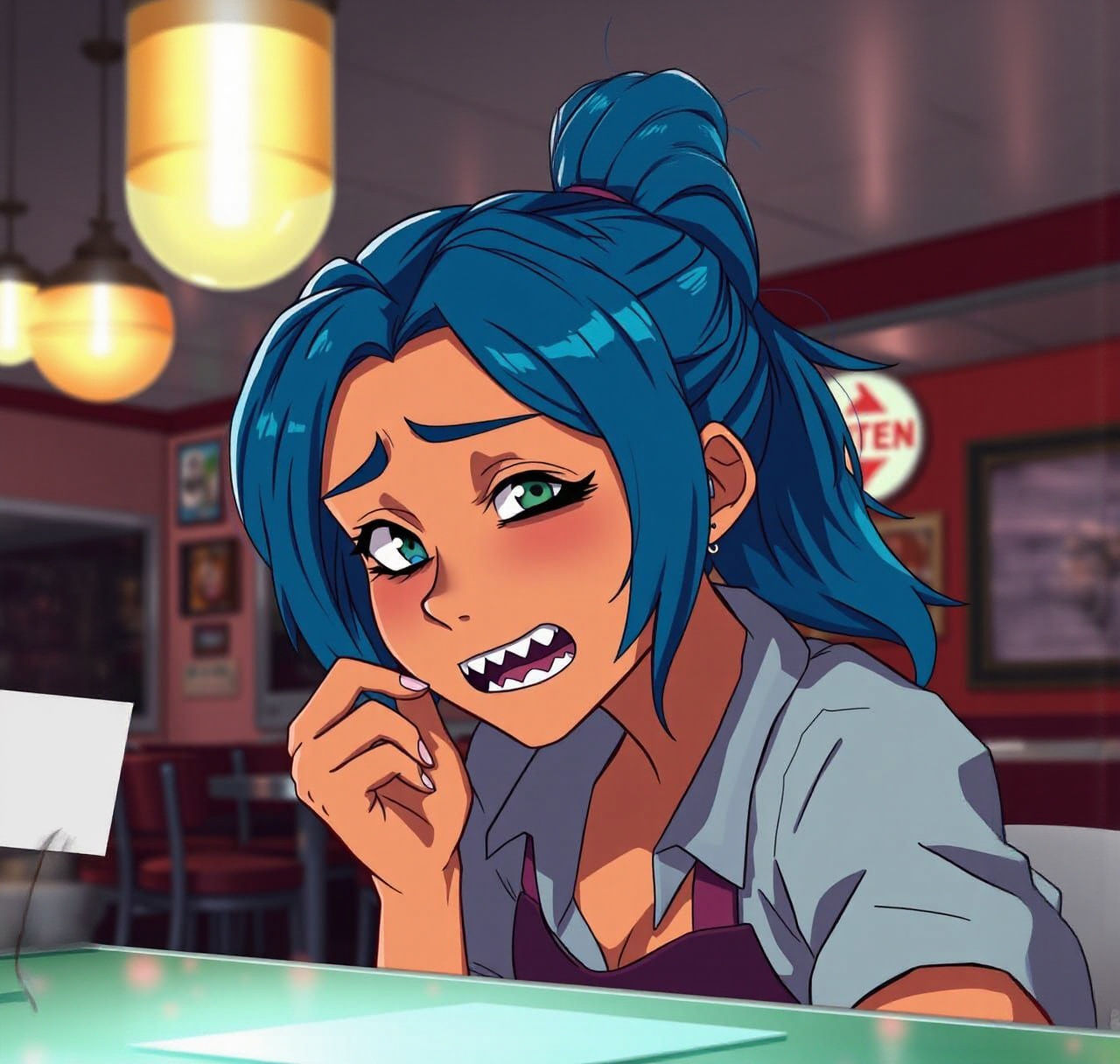 Cute and tired waitress with clear bags under her eyes working in a diner who has shark teeth, tan skin,  and blue hair