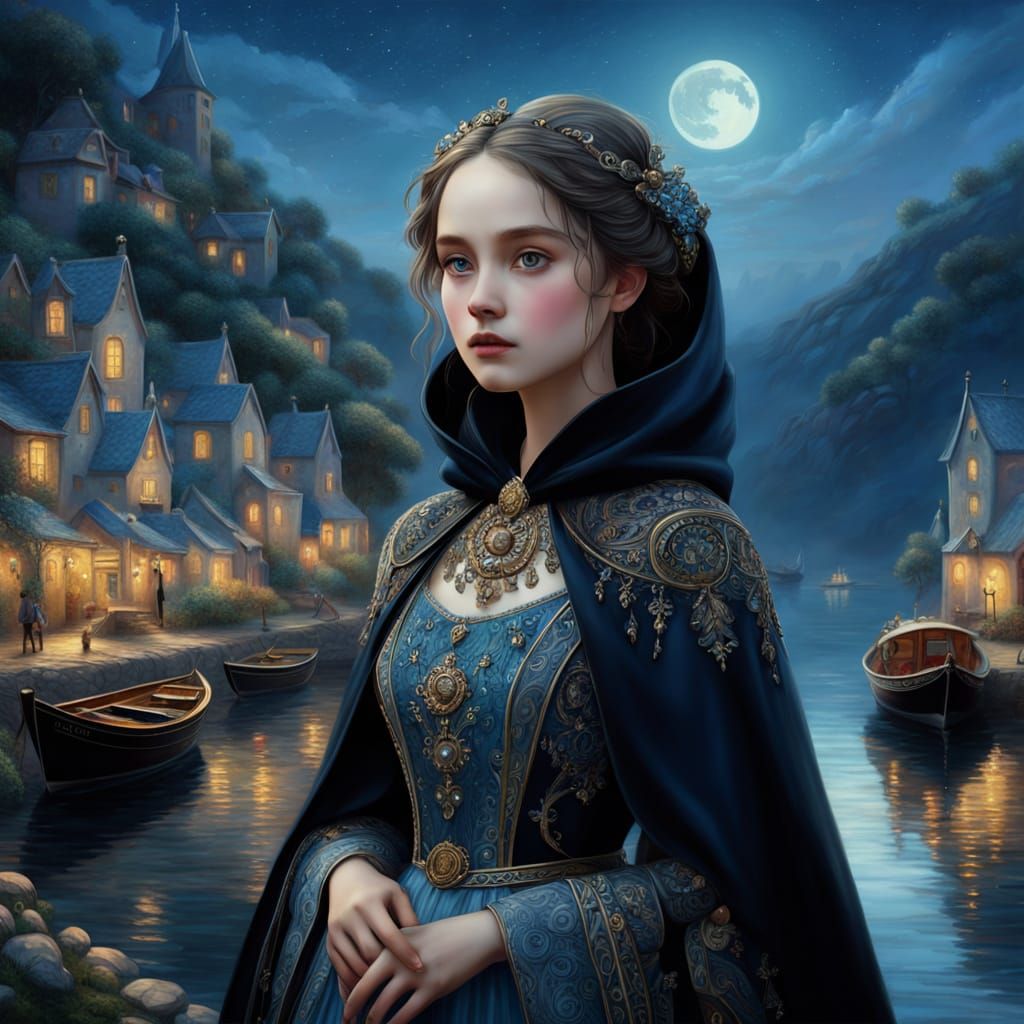 A woman in a gothic hooded black cloak with an inner light blue delicately patterned dress stands near ...  by @Miriam