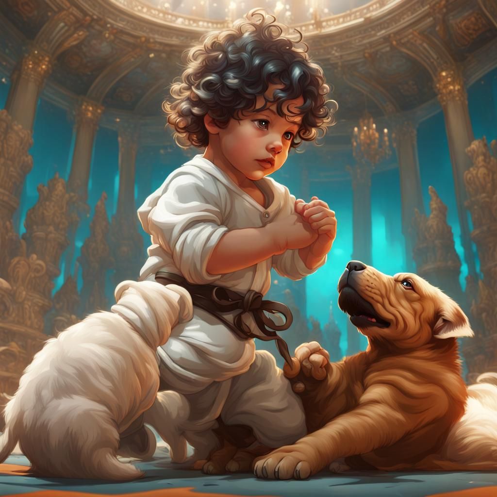 two year old white baby with dark curly hair fighting to the...
