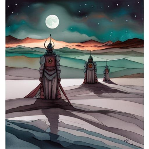 Conquistador On Martian Plains Yoshitaka Amano full moon Mar...