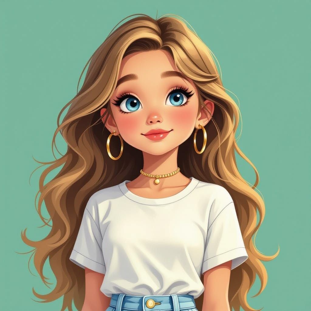 Young Girl with Light Hair and Blue Eyes in Denim Skirt