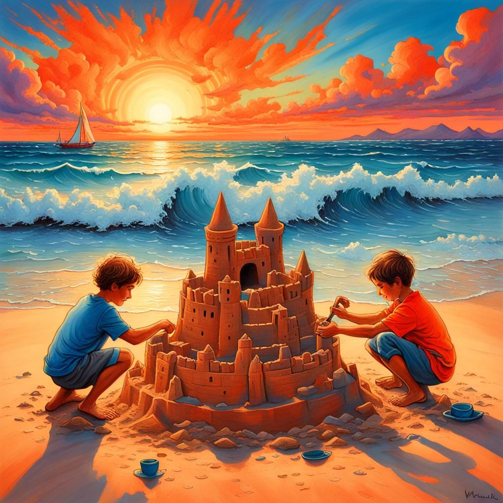 Two happy young brothers work joyfully together to build a sandcastle