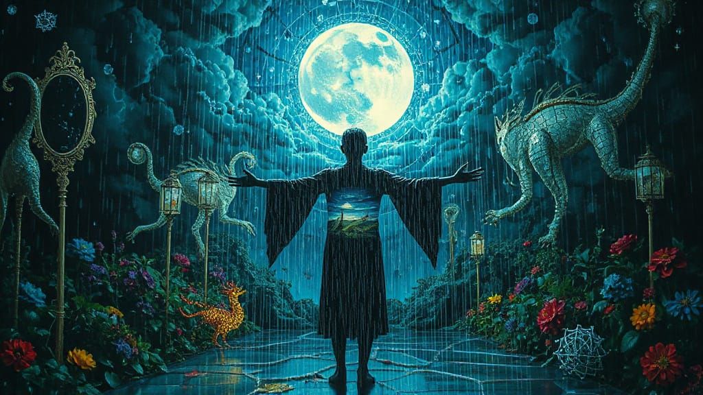 RAINY NIGHT Glitch Art depicts a lone figure in a surreal, dreamlike garden. Stained glass and a shimmering light rain fill the scene, along...