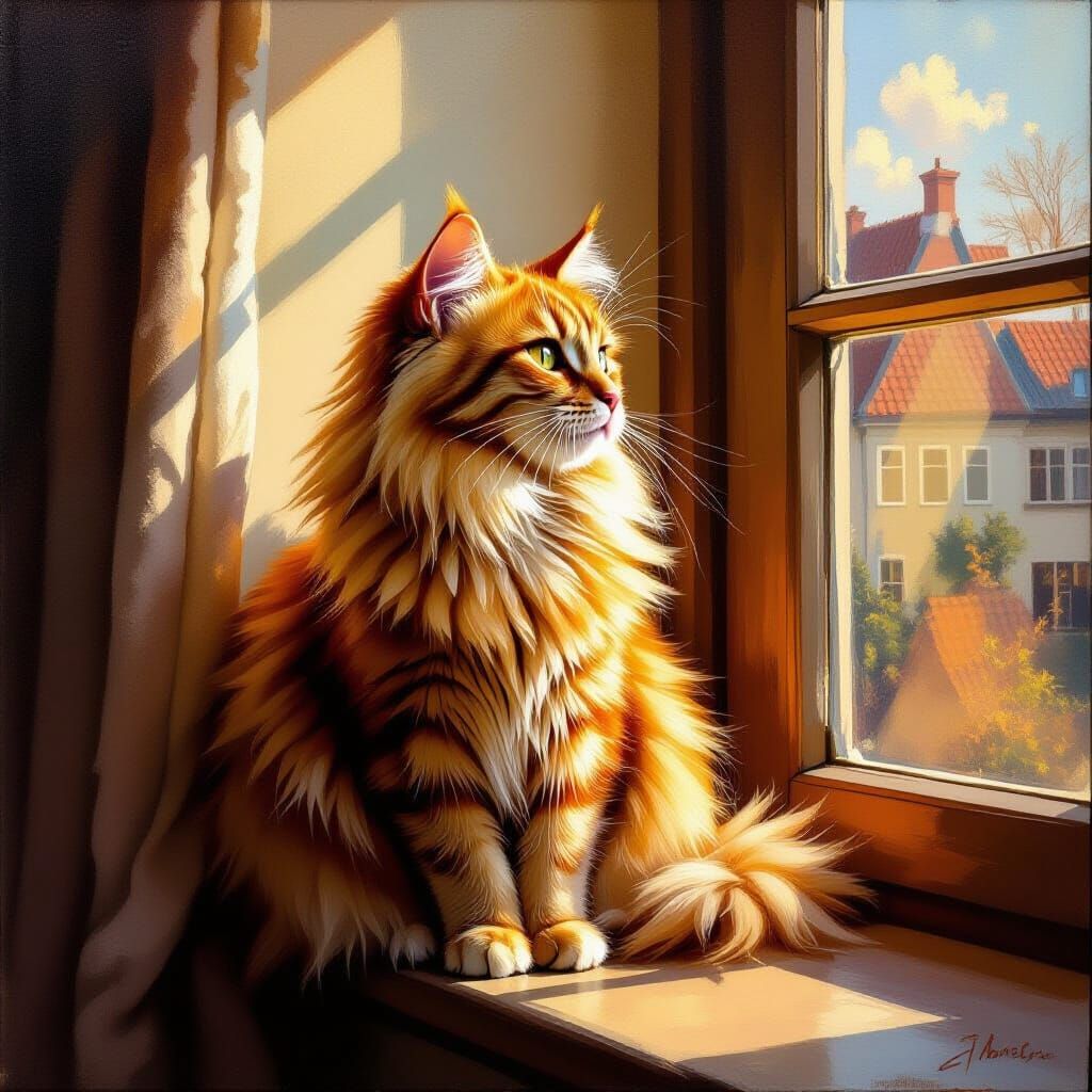 Ginger Cat on Windowsill Oil Painting
