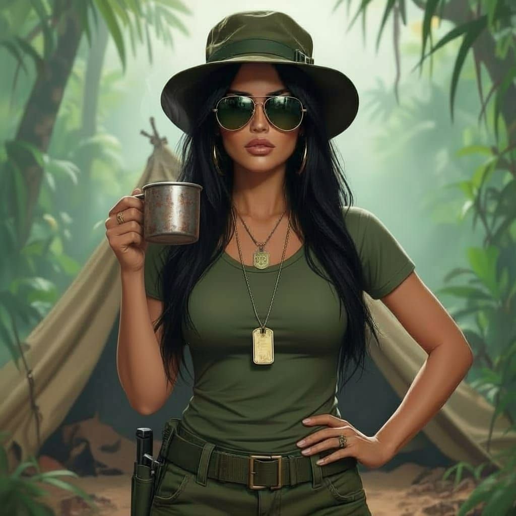 A  beautiful Latina, long jet black hair, wearing military wrap around sunglasses, a green army jungle hat, a olive drab sleeveless t-shirt ...