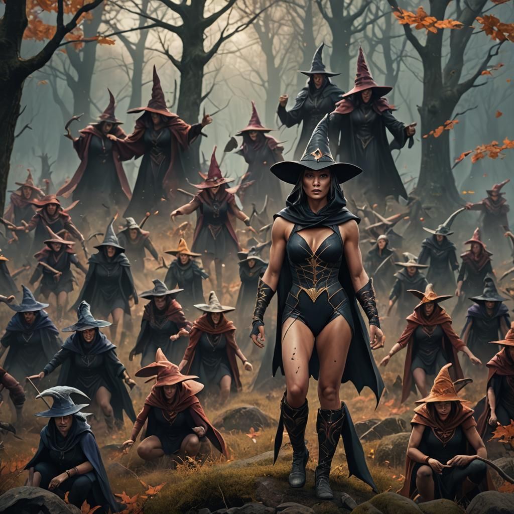 muscular female wrestler wearing leotards and a witch's hat ...