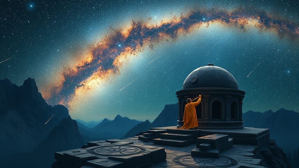 An ancient celestial observatory carved into a mountain peak, where a lone astronomer monk studies the ...  by @Luke