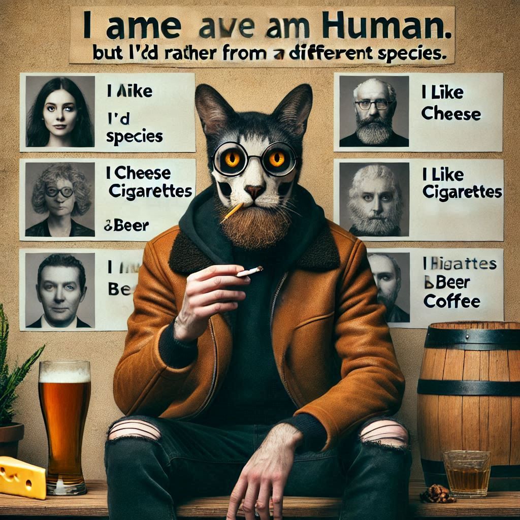 I am Human but I'd rather be from a different species. I like cheese, cigarettes, beer and coffee. I love animals