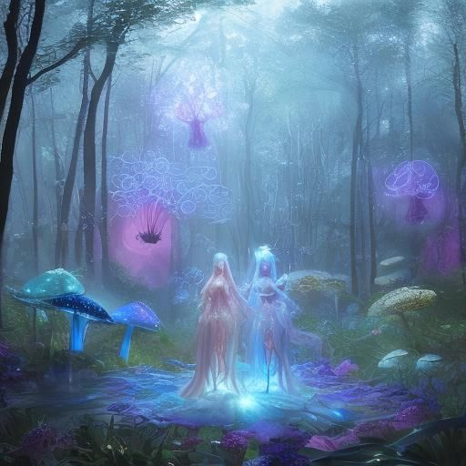 Fairies Dancing in Dreamlike Forest: Fantasy Illustration