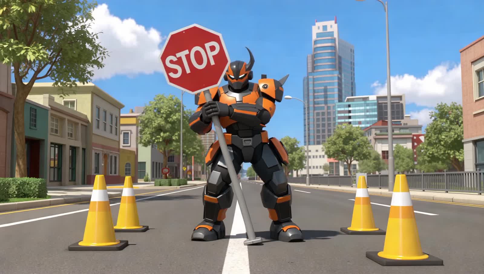 A warrior with black and orange armor, wielding a stop sign surrounded by traffic cones, full body armor, cinematic anim...