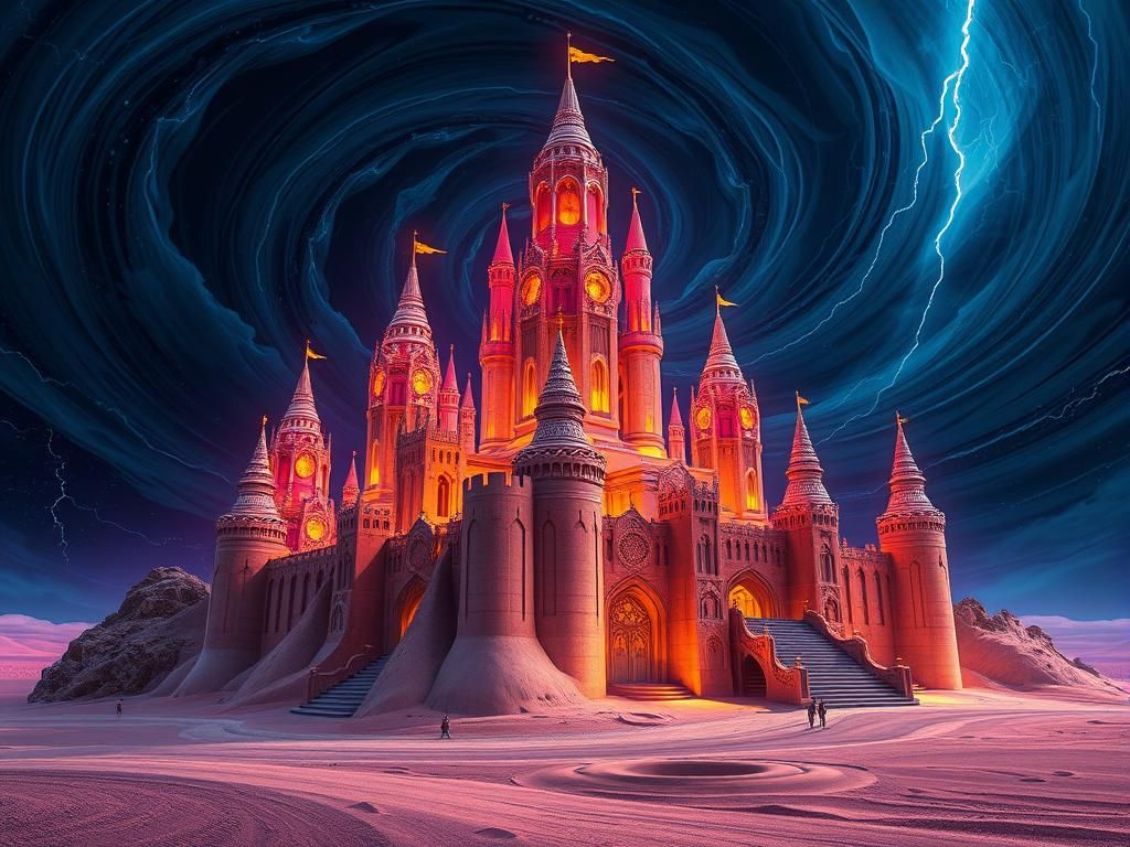 Hyperdetailed Epic (sand castle:1.6), attacked by robots with ferenghi warbird, sharp focus, purple gold gradient, dramatic background, retr...