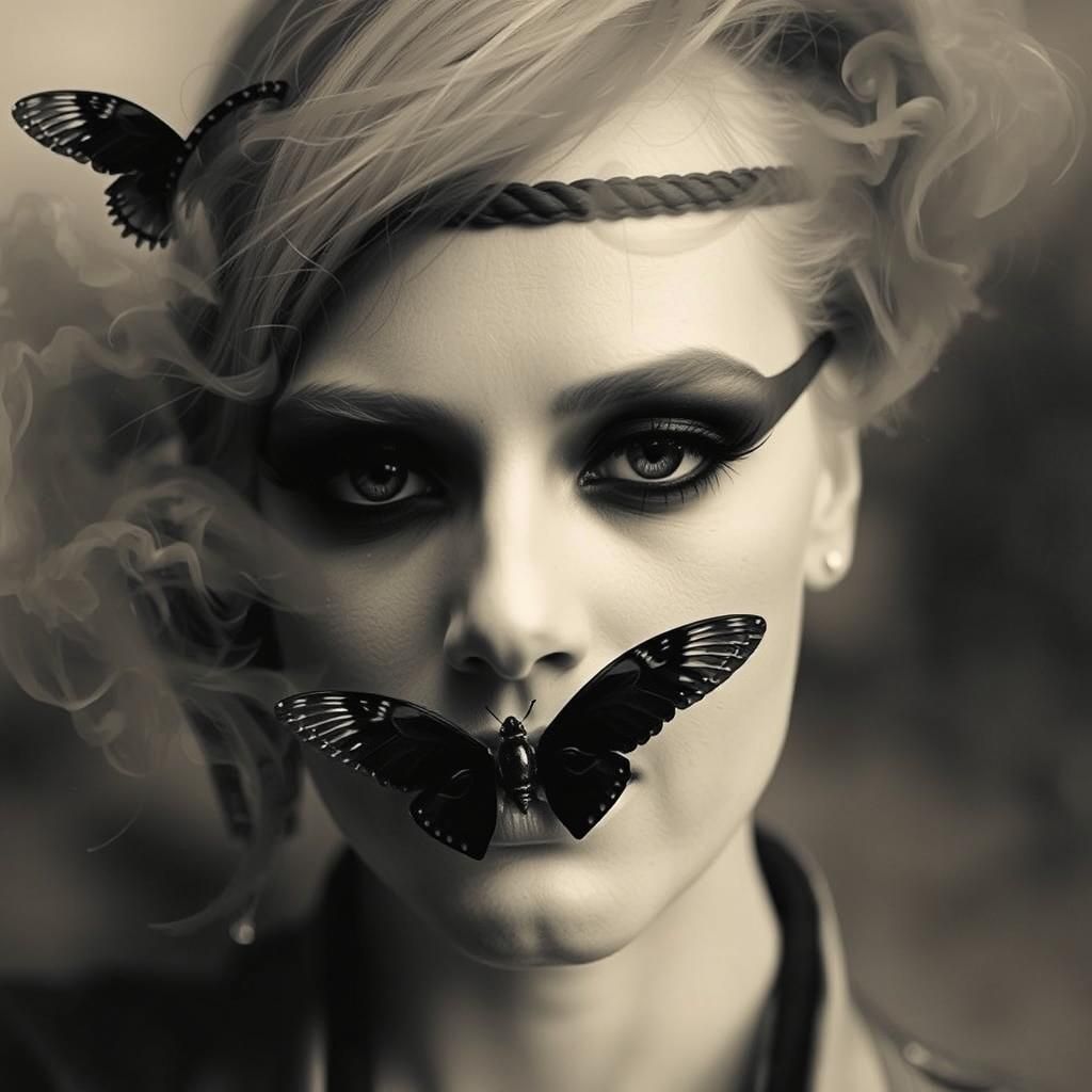 intense yellow neon light. fog. smoke. female goth fashion model. goth coffee shop.