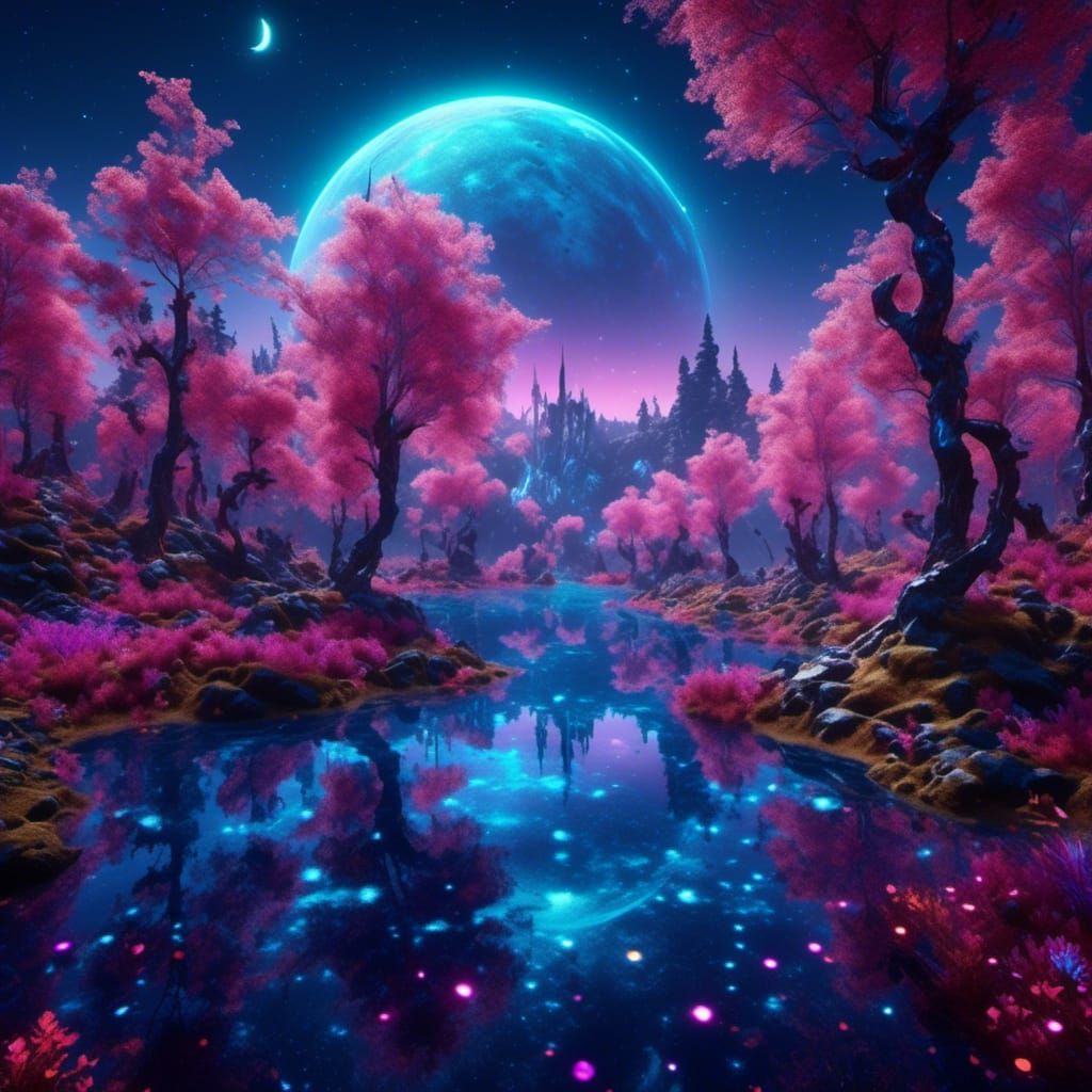 <lora:Mystical Fantasy:1.0> Mystical crystal lake surrounded by iridescent trees with a shimmering bioluminescent moon and twinkling stars 