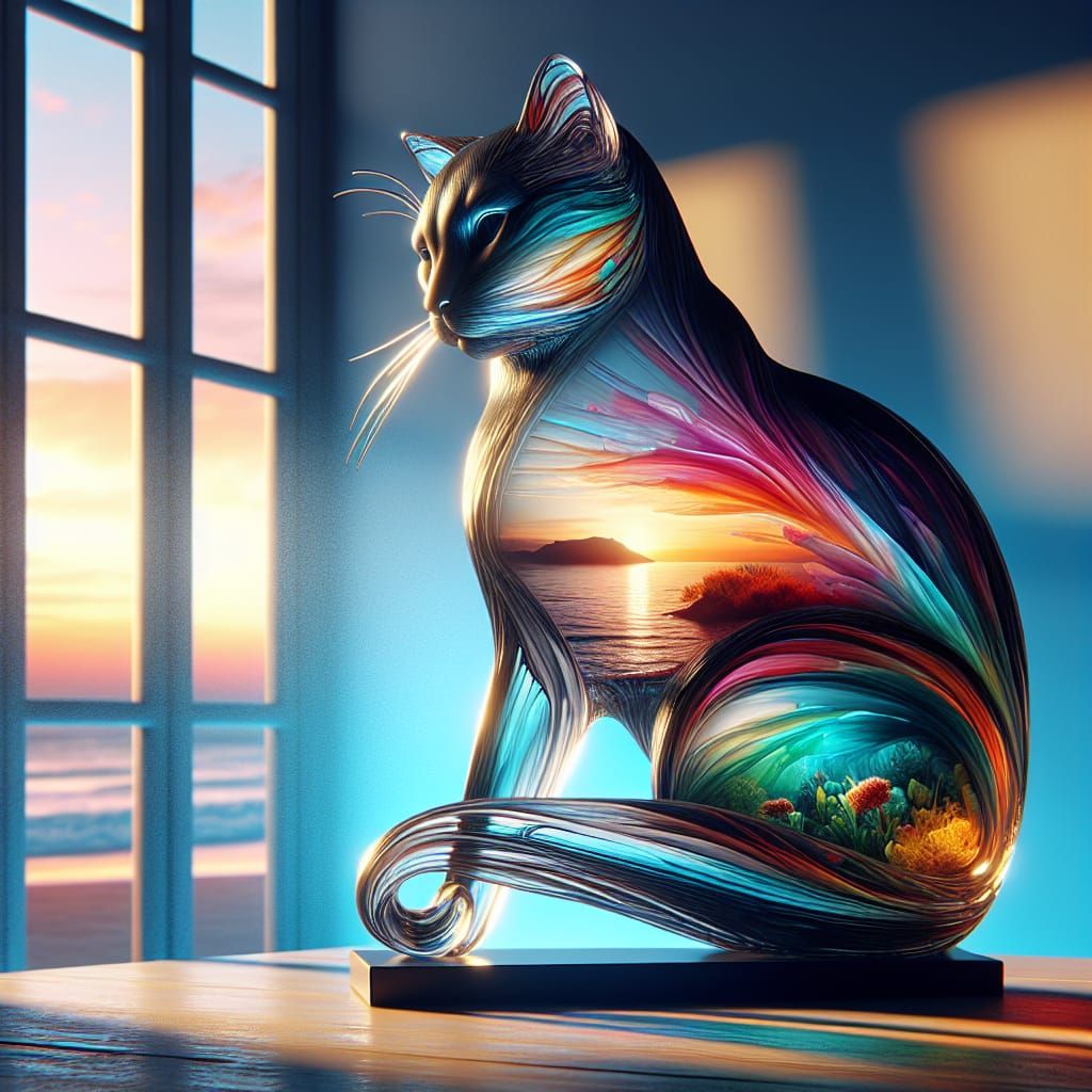 glass statue of a sitting elegant cat.   by @Ylona