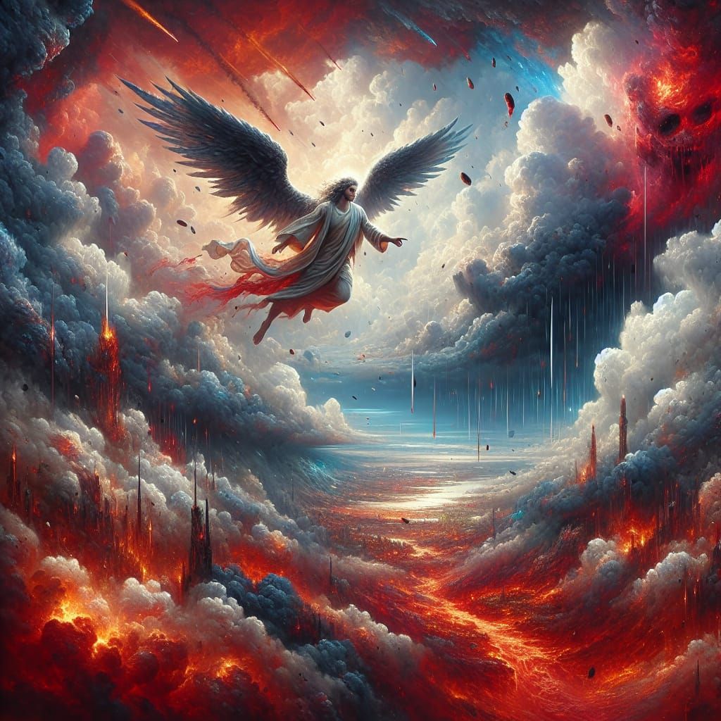 A male angel in the sky surrounded by Hail stones and blood ...