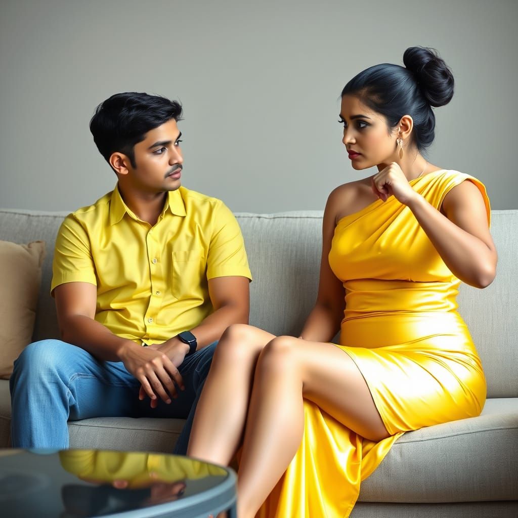 an indian woman of beauty sitting on a sofa wearing a yellow silky outfit, consisting of a top and a figure hugging mini-skirt.
her hair is ...