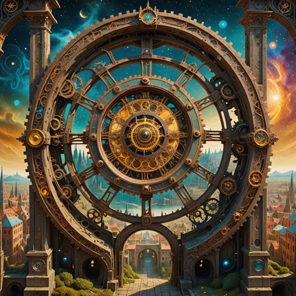  Photograph.Wide shot.A celestial clockwork mechanism opens a shimmering portal above a forgotten city. Shiny Gears and cosmic dust swirl ar...
