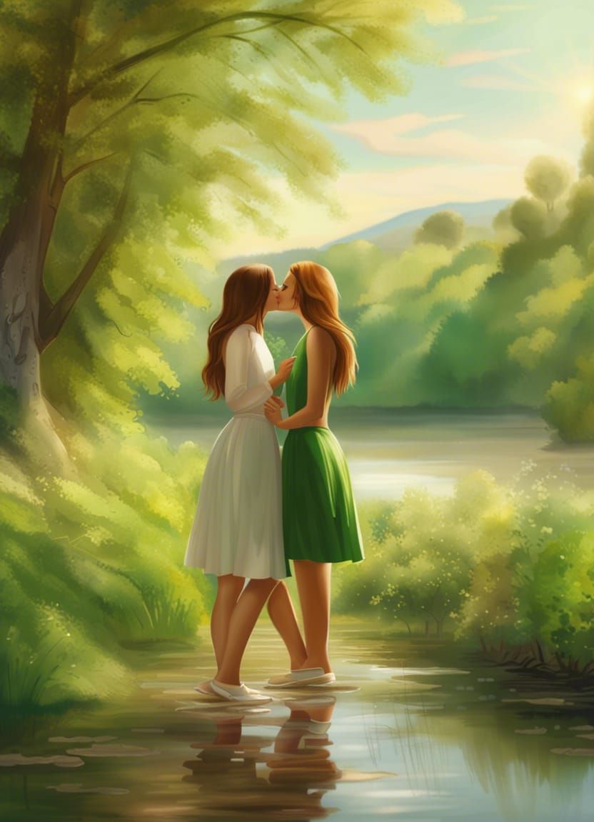 Two beautiful girls kiss each other romantically in a beautiful green landscape by the river