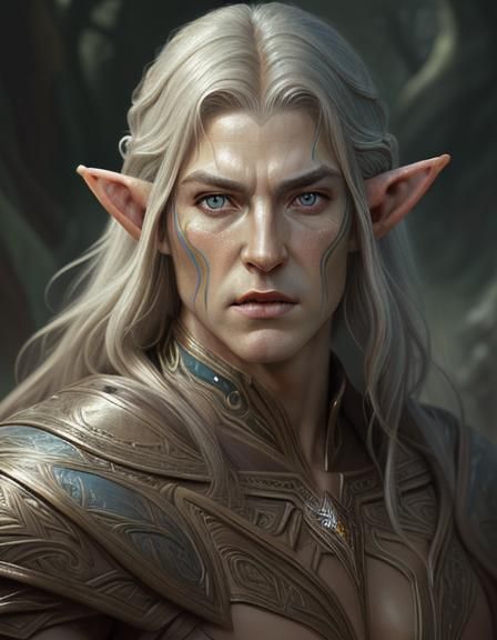 Elven man, beautiful face and eyes, elven skin, elven massive muscle ...