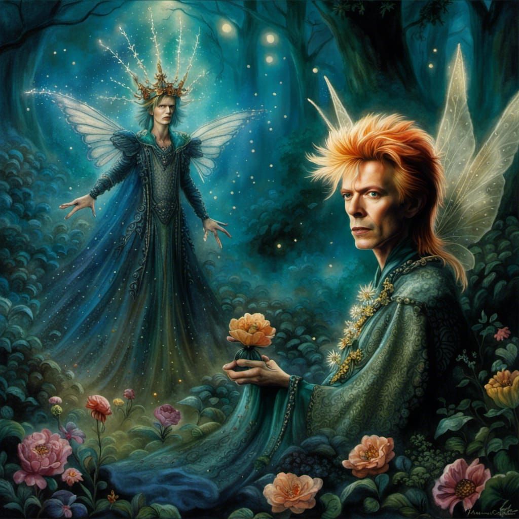 David Bowie as a fairy king in an enchanted kingdom drawn by...