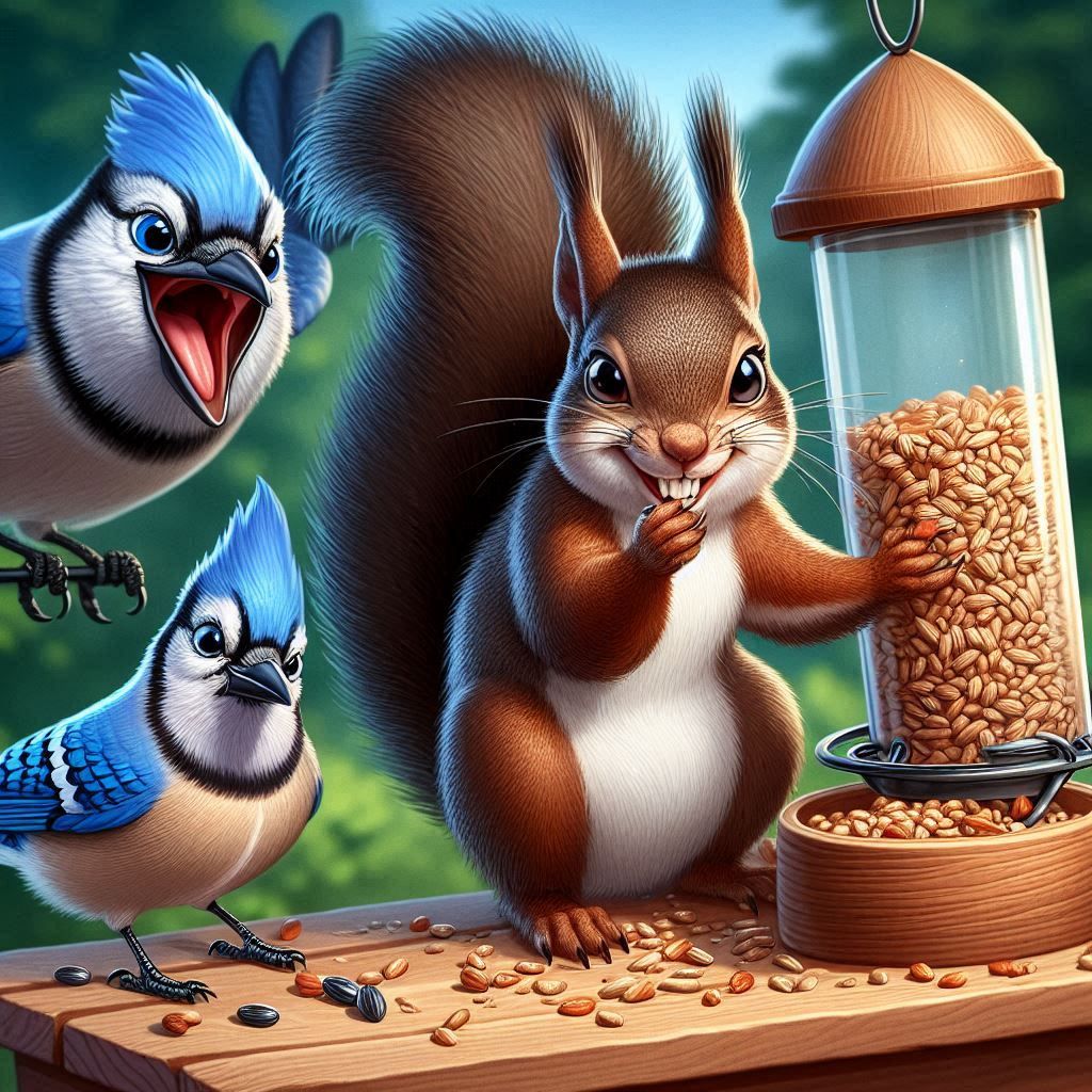 Mischievous squirrel stealing seeds out of bird feeder.