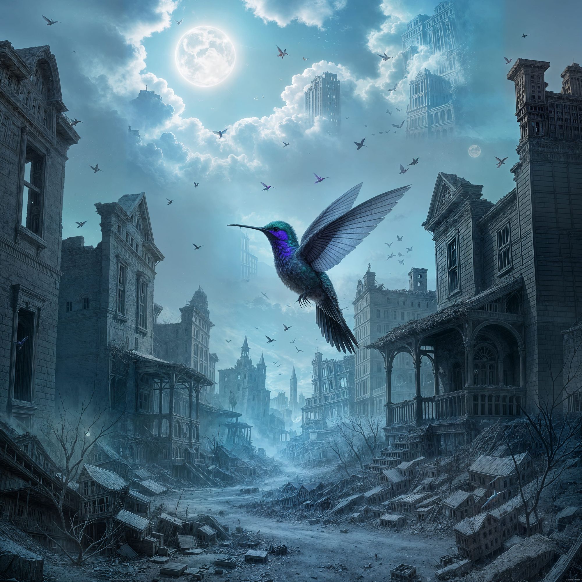 A lone, spectral hummingbird hovers in the ruins of a ghost town, its form shimmering with an otherworldly light. Dust motes dance in the sh...