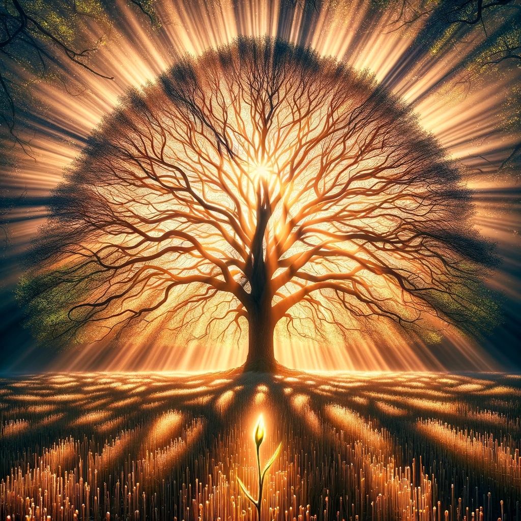 A mighty oak reawakening with the first rays of spring.